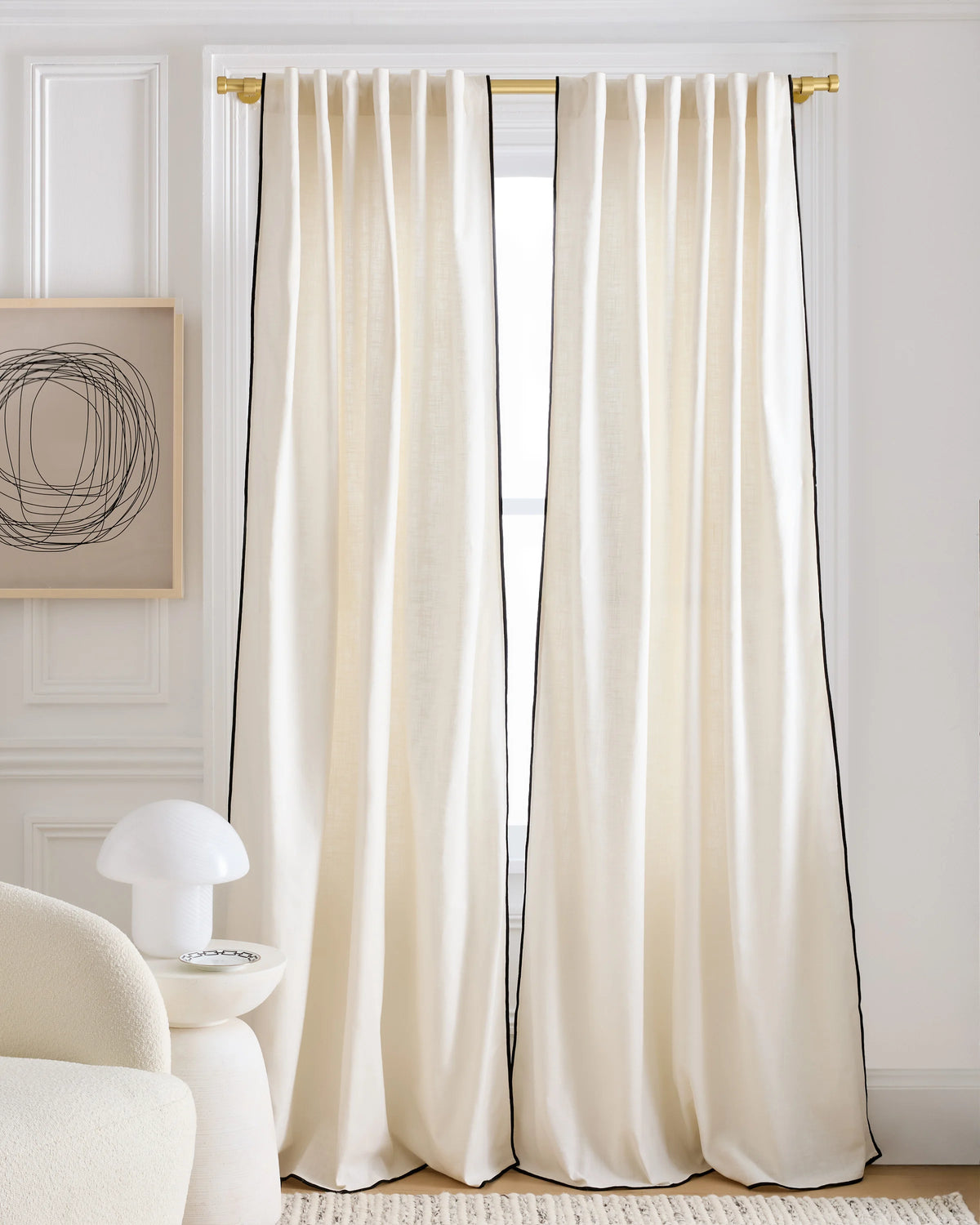 Piped Edge Cotton Curtain - Single Panel - 48x84 / Ivory/Black Piping Main image