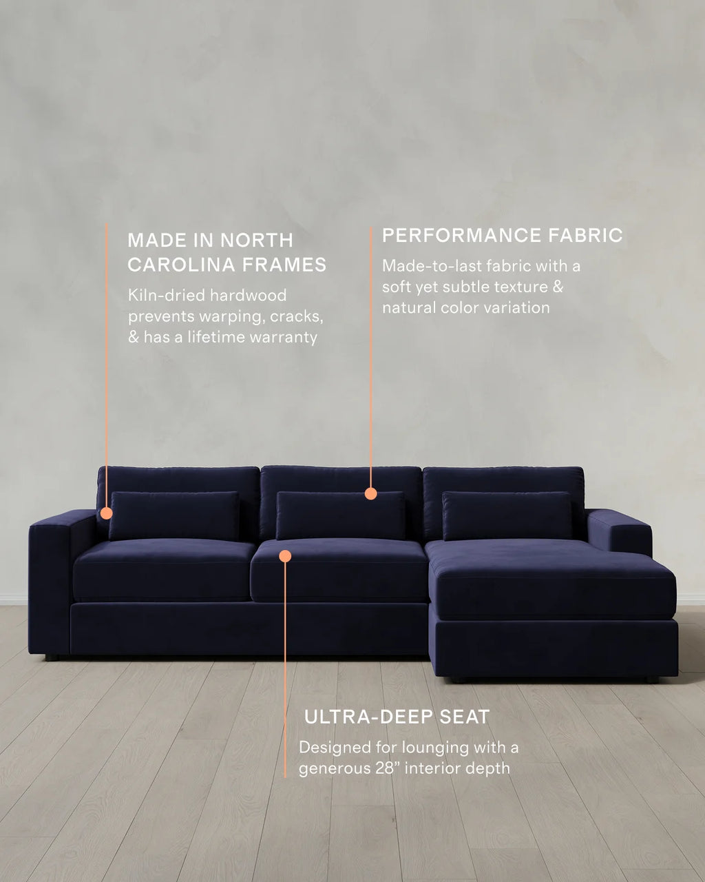 Ashford Deep Seat Chaise Sectional in Performance Velvet - 119" Right Arm / Rust