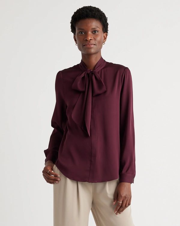 Washable Stretch Silk Tie Neck Blouse - XS / Moonstone Blue