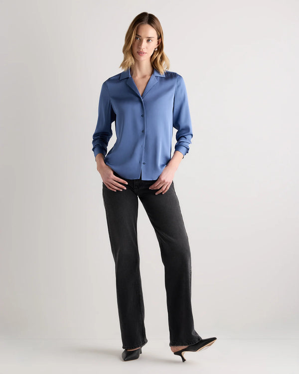 Washable Stretch Silk Notch Collar Blouse - XS / Moonstone Blue