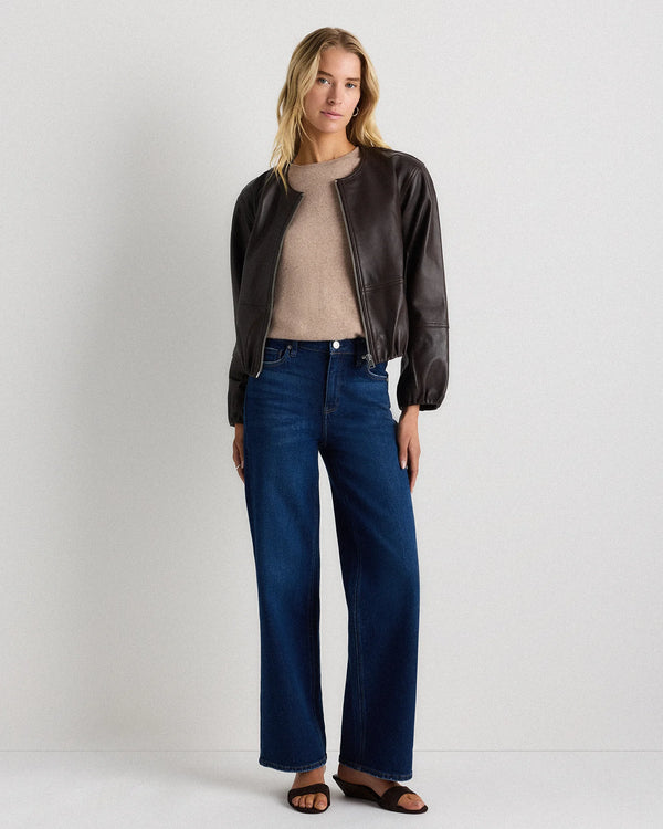 100% Leather Collarless Cropped Bubble Hem Jacket - XS / True Black