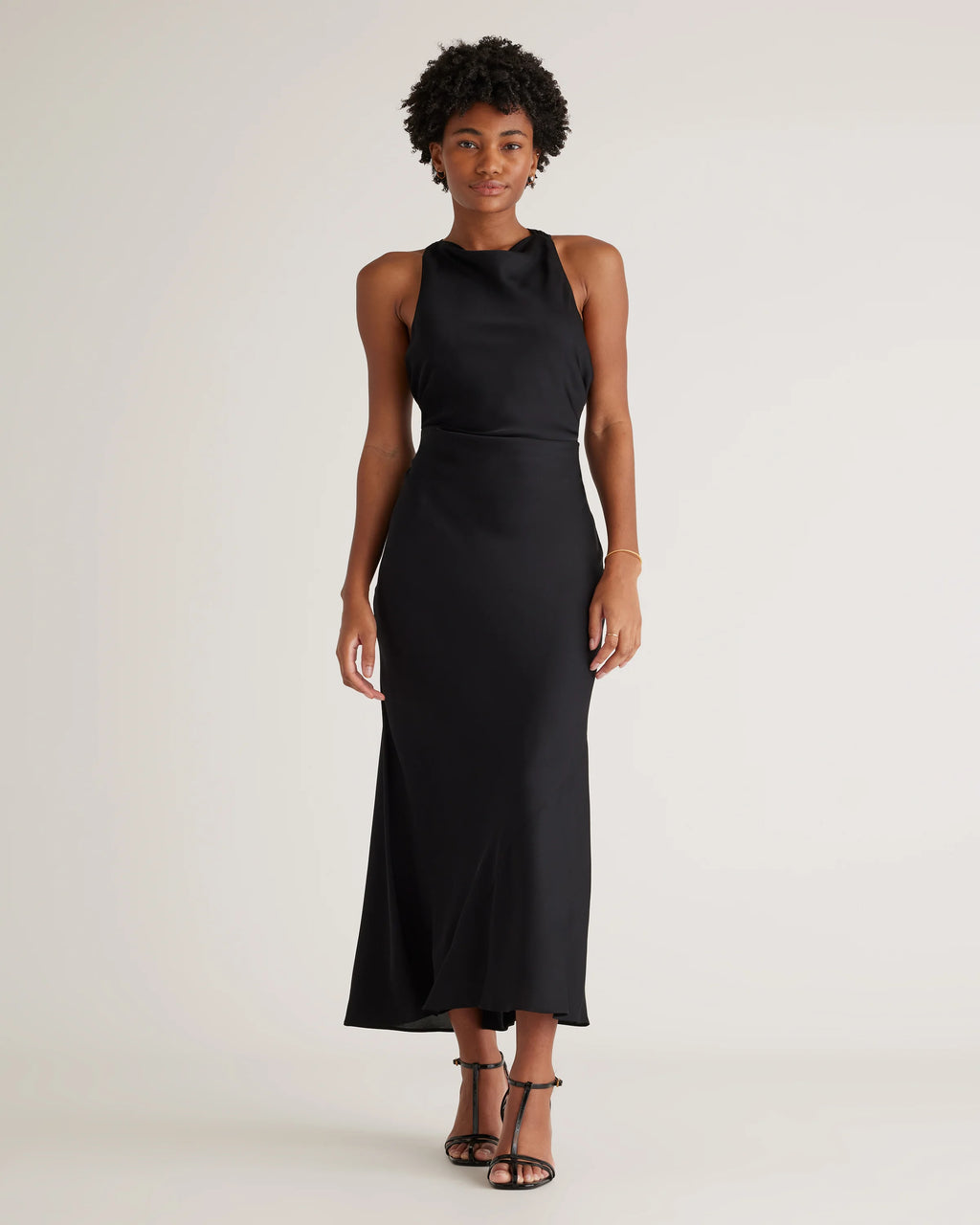 Washable Stretch Silk High Neck Midi Dress - XS / Vintage Navy Roses