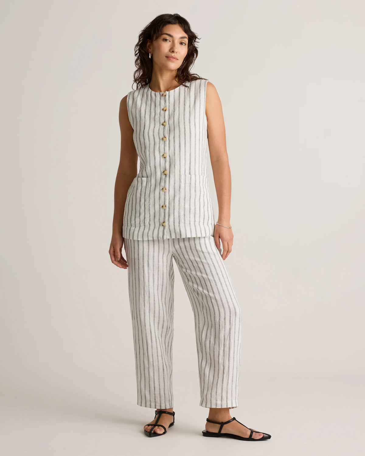 100% European Linen Longline Vest - XS / Taupe Brown Chambray