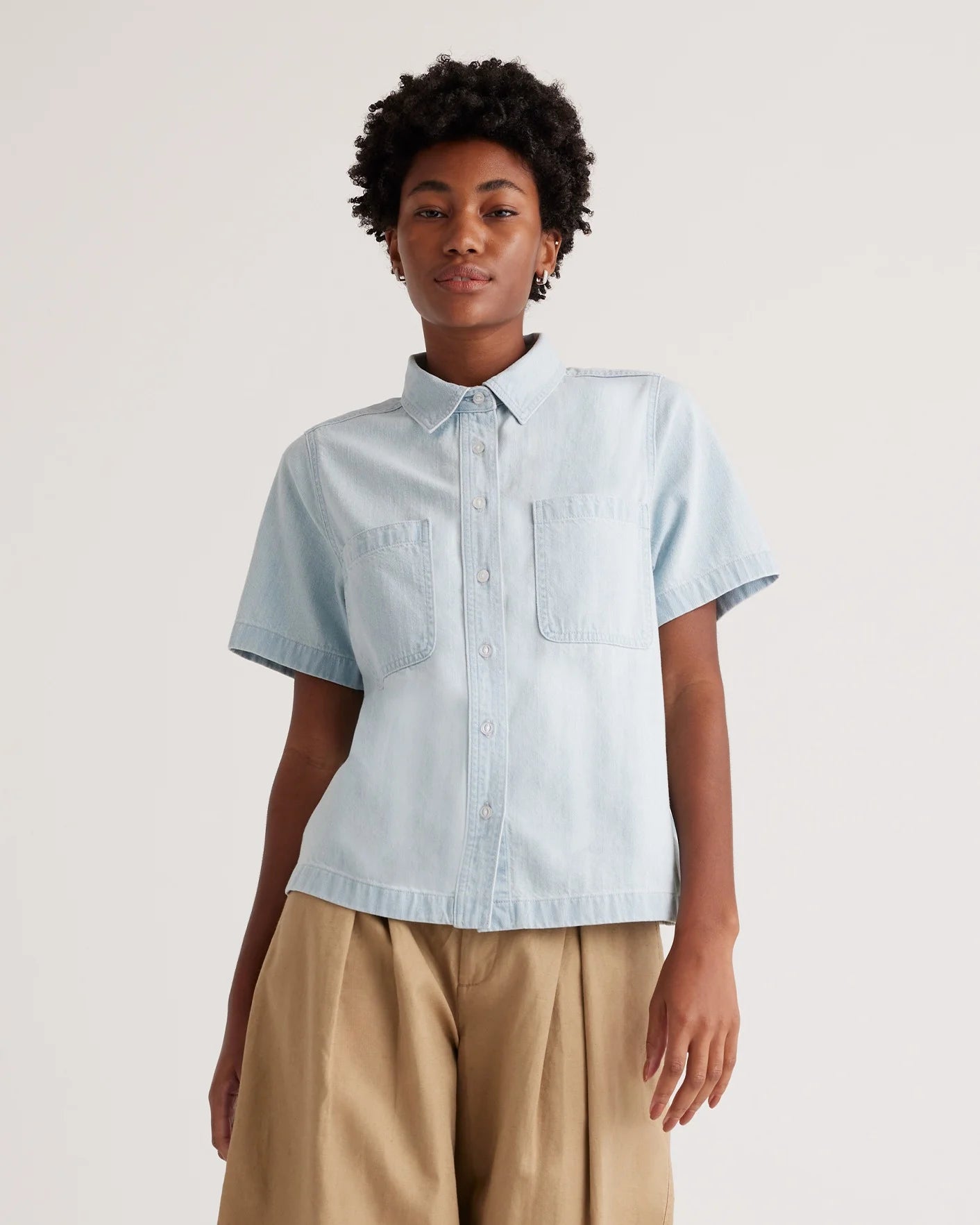 Distressed Denim Short Sleeve Shirt - XS / Light Chambray Secondary image