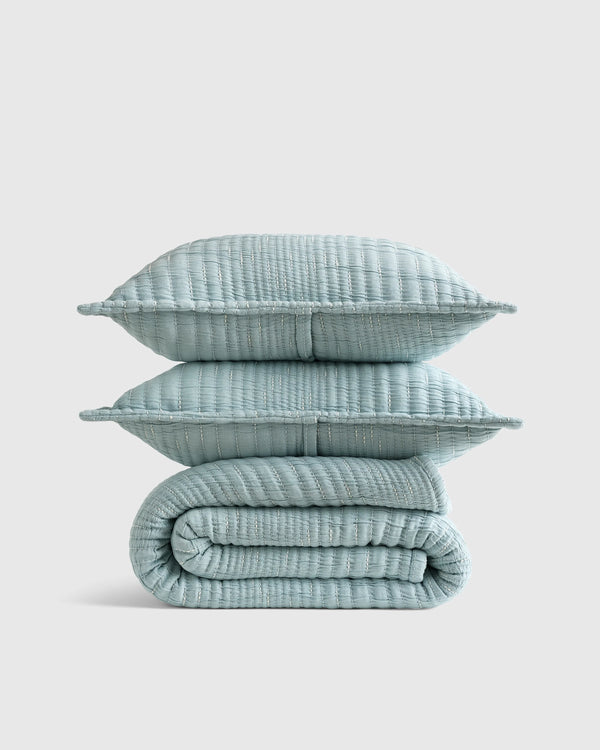 Organic Cotton Channel Stitch Coverlet Set - Twin / Coral Pink