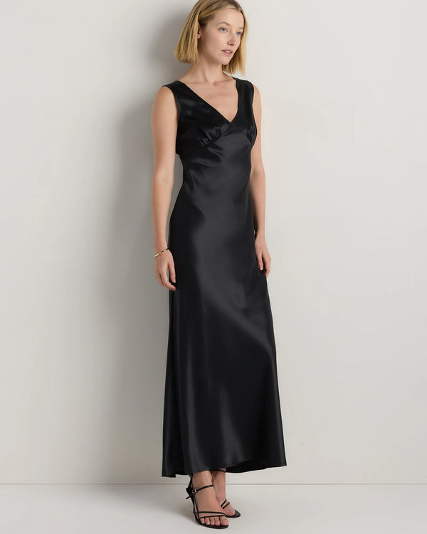 100% Washable Silk V-Neck Maxi Dress - XS / Black
