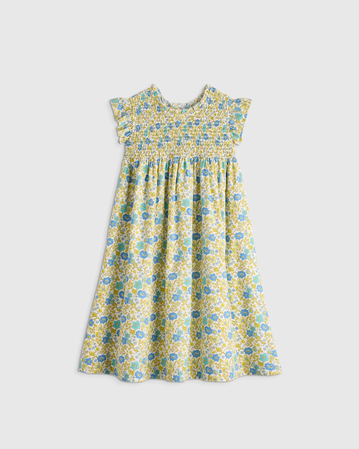 100% Organic Cotton Poplin Smocked Flutter Sleeve Dress - 2T / Blue Ditsy Floral Main image