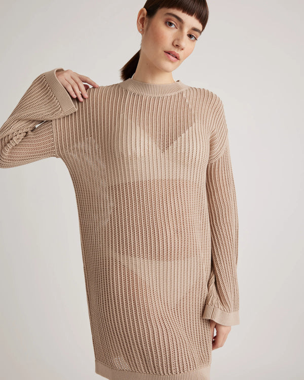 100% Organic Cotton Open-Knit Long Sleeve Cover-Up Mini Dress - XS / Beige