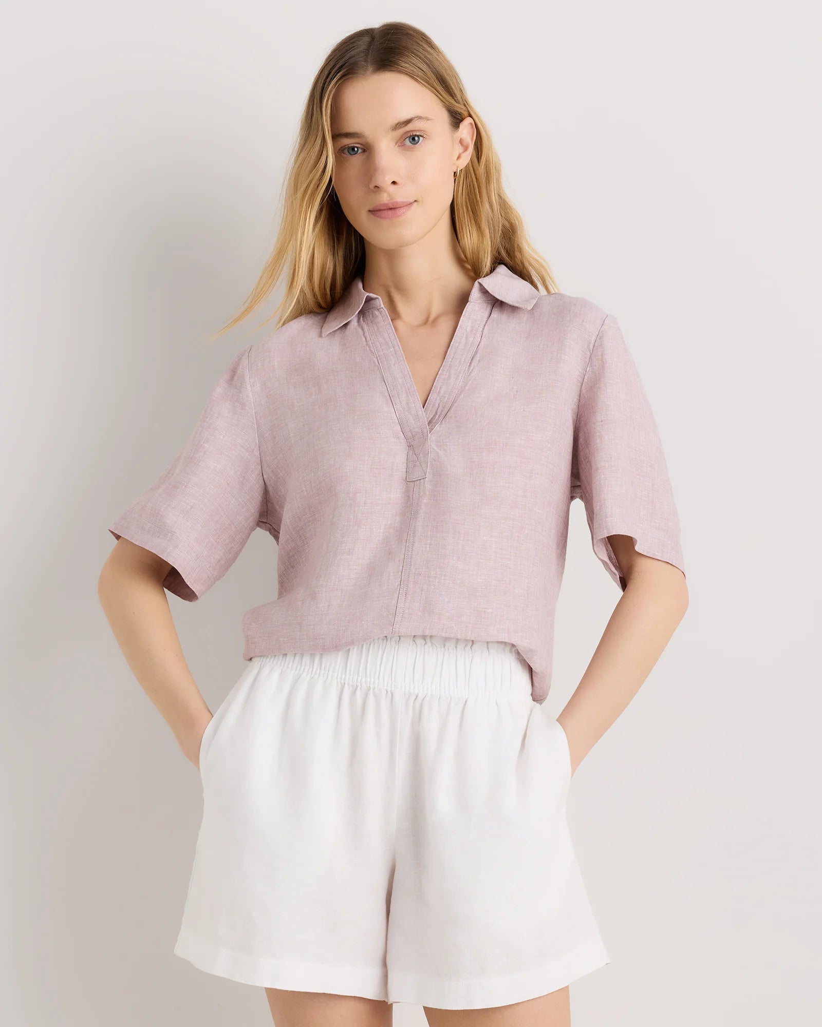 100% European Linen Short Sleeve Popover Top - XS / Blue Pinstripe Secondary image