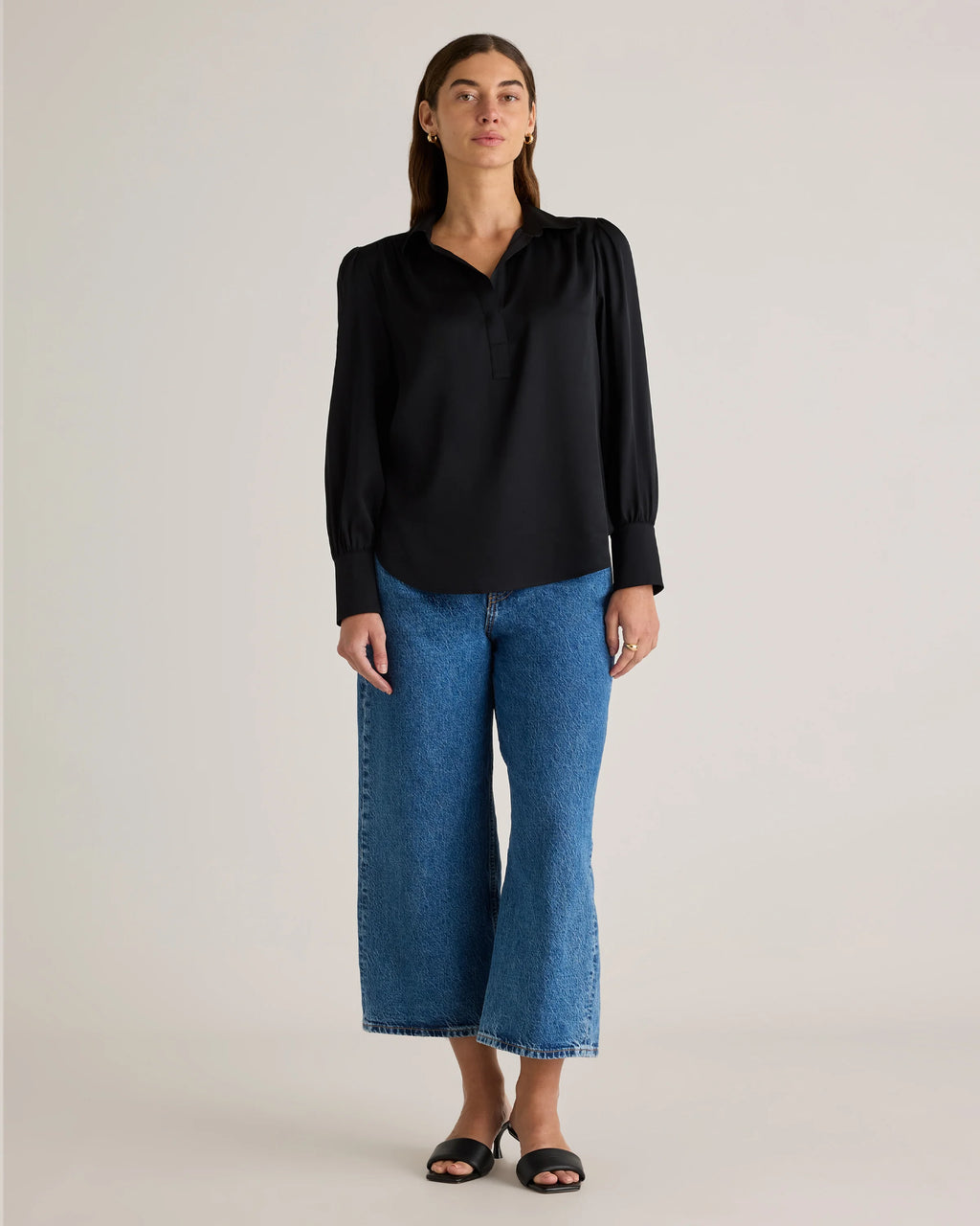 Washable Stretch Silk Split Neck Blouse - XS / Forest Green