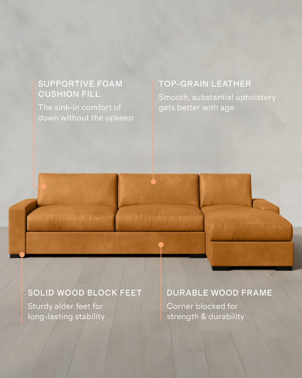 Stillman Chaise Sectional in Leather - 116" Right Arm / Auburn
