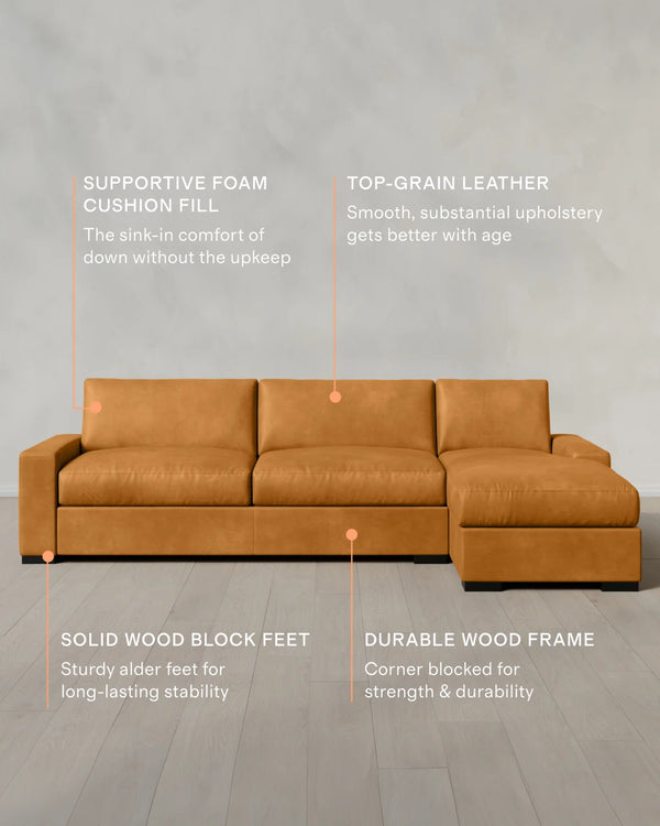 Stillman Chaise Sectional in Leather - 116" Right Arm / Auburn