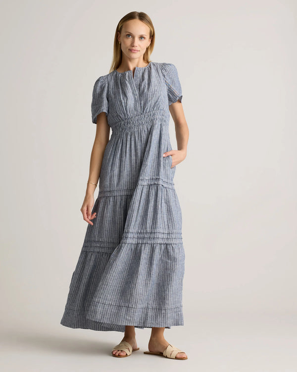 100% European Linen Tiered Maxi Dress - XS / Deep Navy