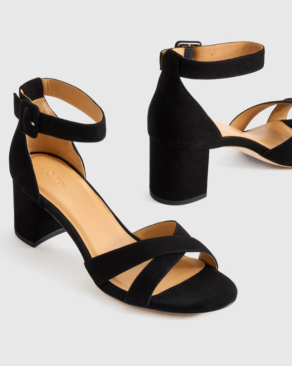 Italian Leather Crisscross Block Heel Sandal - 5 / Black Suede