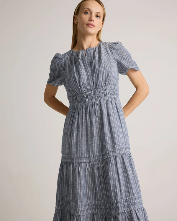 100% European Linen Tiered Maxi Dress - XS / Deep Navy