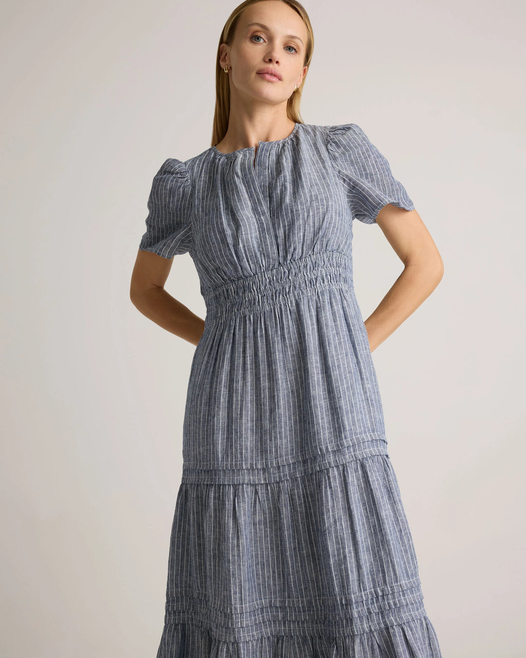 100% European Linen Tiered Maxi Dress - XS / Ivory Porcelain Blue Petite Floral