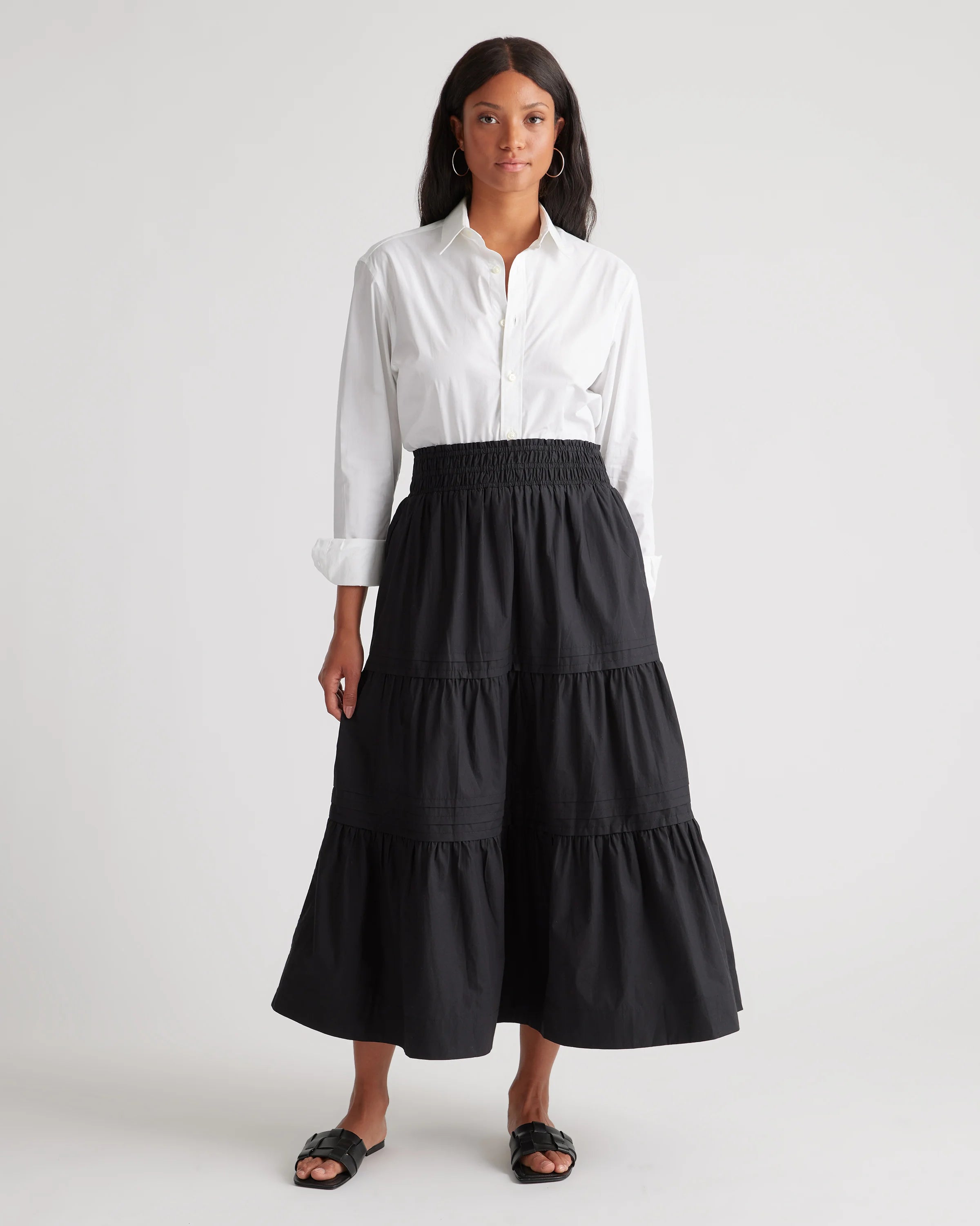 100% Organic Cotton Poplin Tiered Maxi Skirt - XS / Black Secondary image