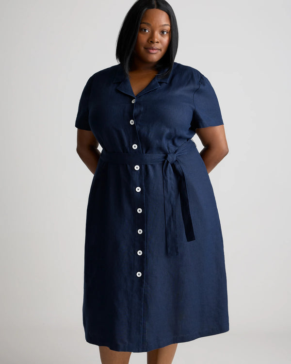 100% European Linen Button Front Dress - 1X / Blue Pinstripe