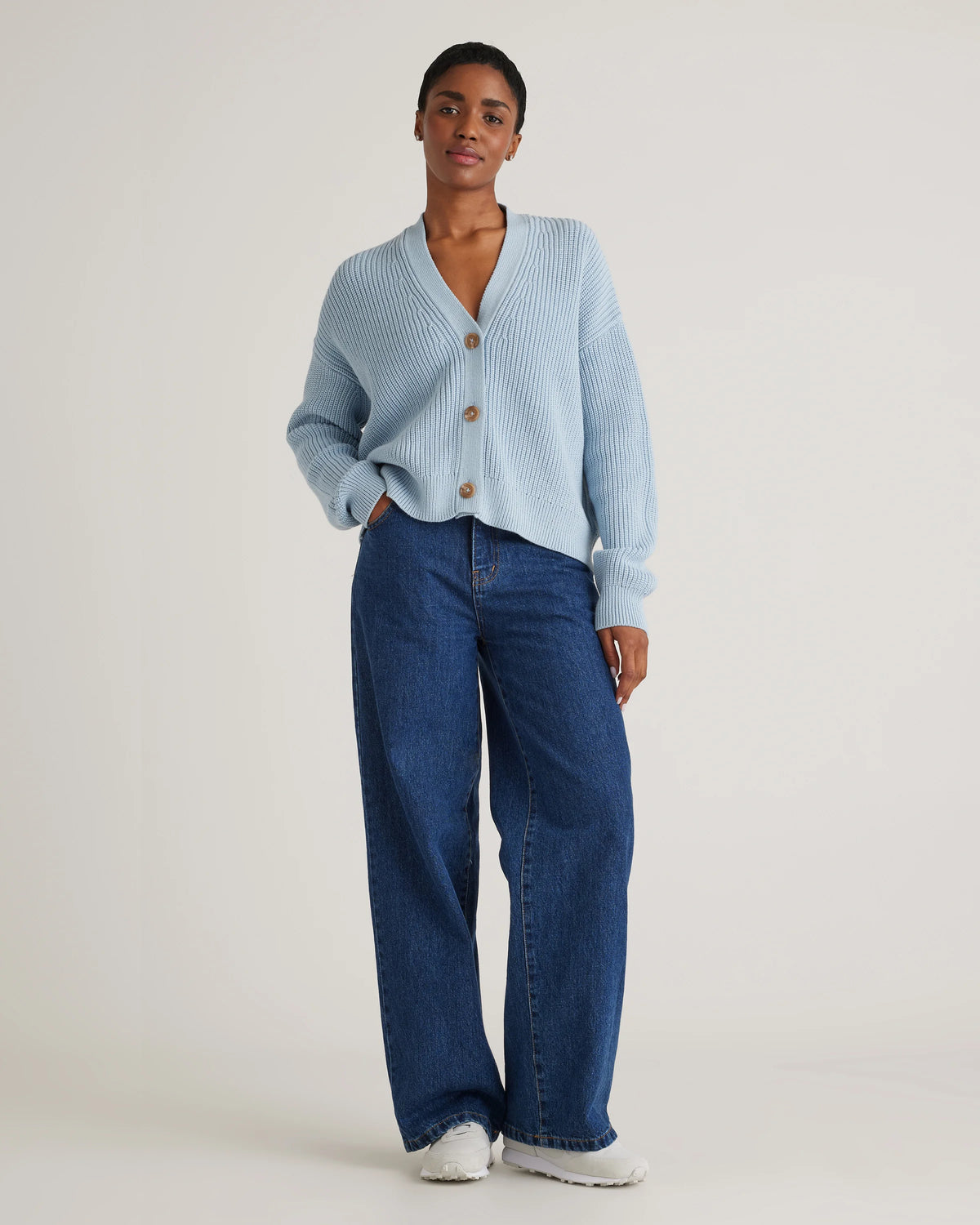 100% Organic Cotton Fisherman Boxy Cropped Cardigan - XS / Sapphire Blue