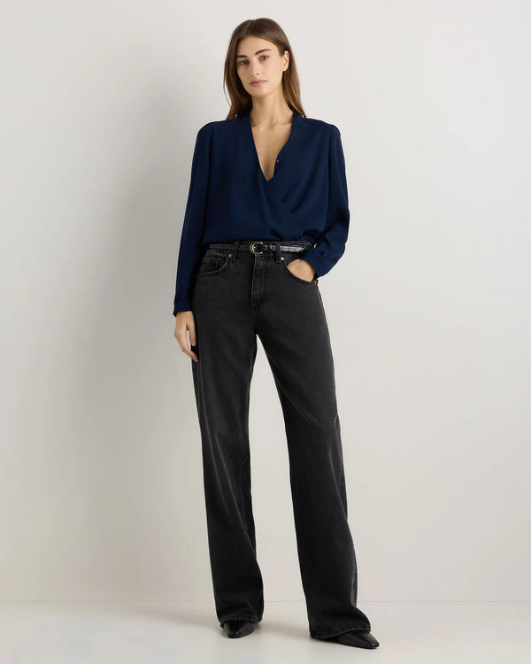 Fluid Crepe Surplice Long Sleeve Blouse - XS / Textured Navy