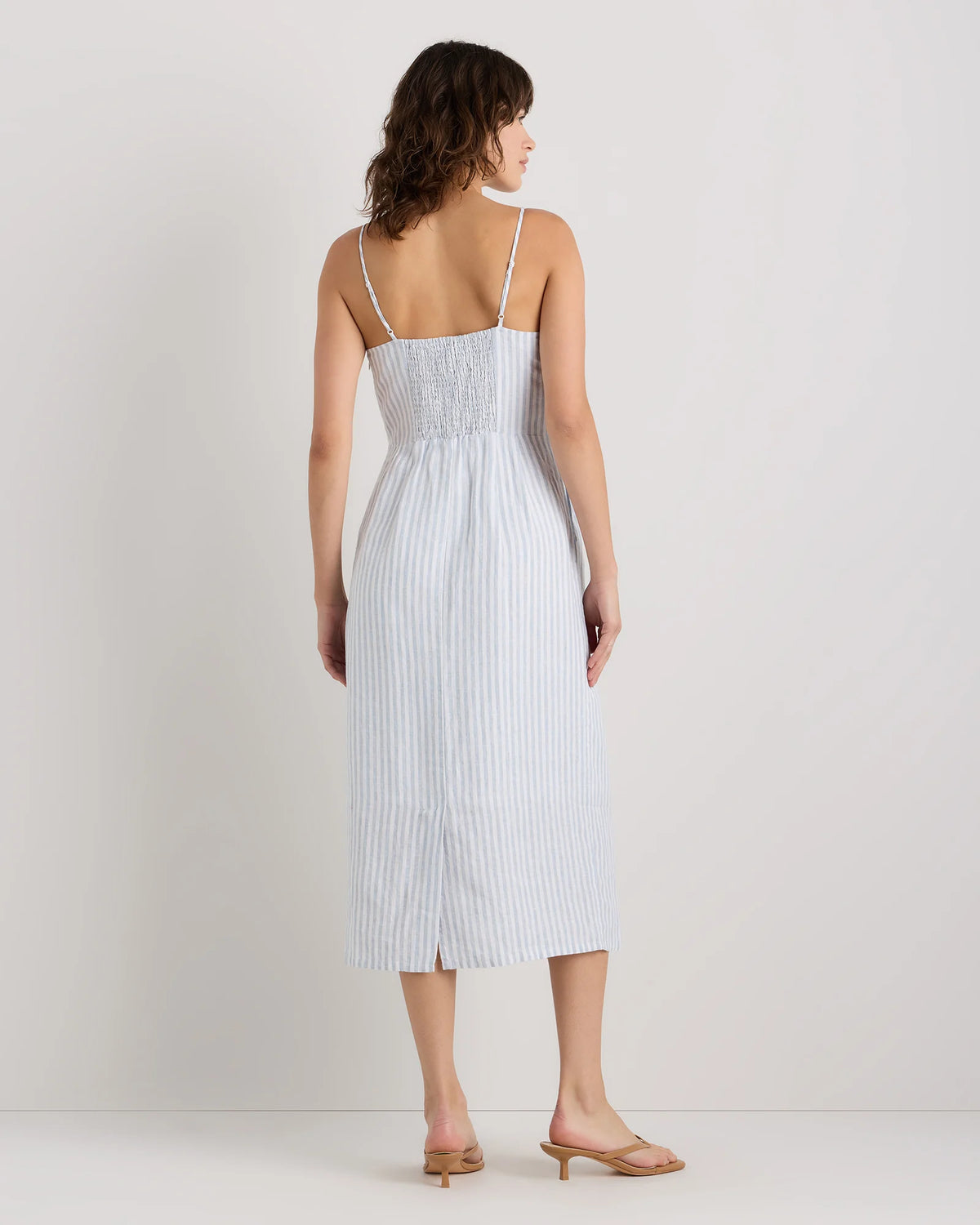 100% European Linen Scoop Neck Midi Dress - XS / Ivory Porcelain Blue Petite Floral