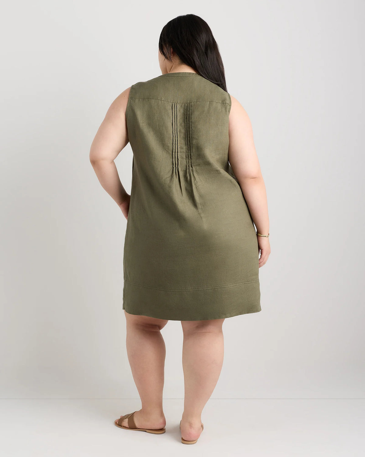 100% European Linen Sleeveless Swing Dress - 1X / Bayberry Olive