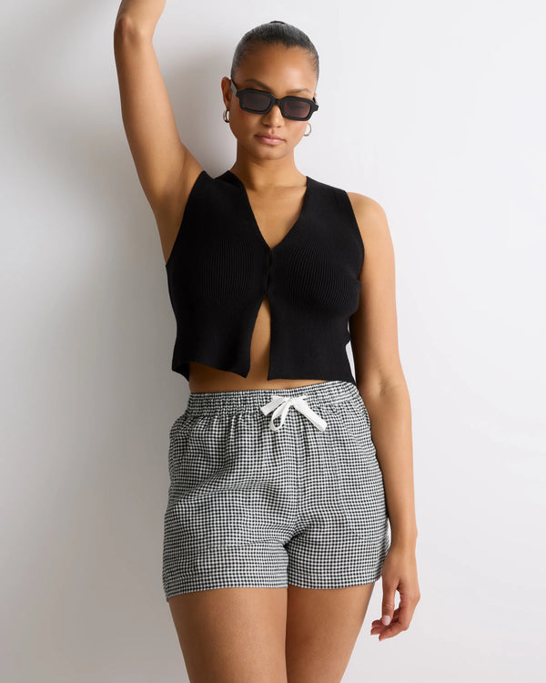 100% European Linen Shorts - XS / Taupe Brown Gingham