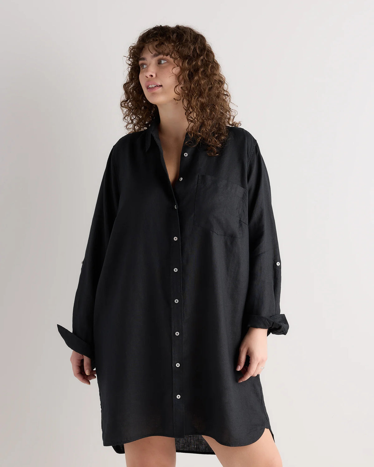 100% European Linen Shirt Dress - 1X / Black