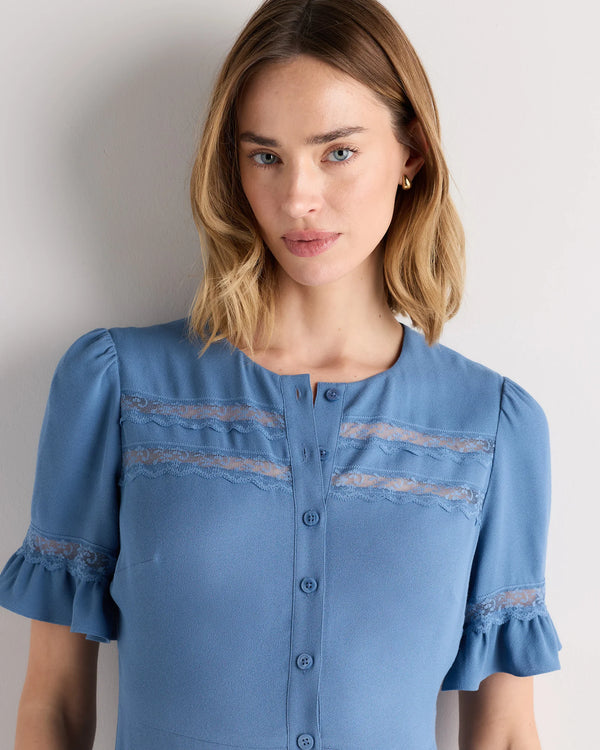 Lightweight Crepe Lace Inset Midi Dress - XS / Moonstone Blue