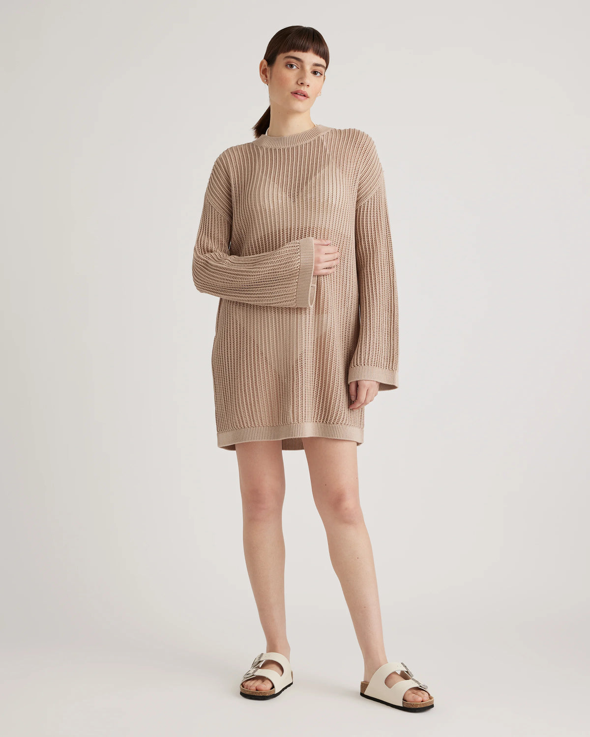 100% Organic Cotton Open-Knit Long Sleeve Cover-Up Mini Dress - XS / Beige Main image