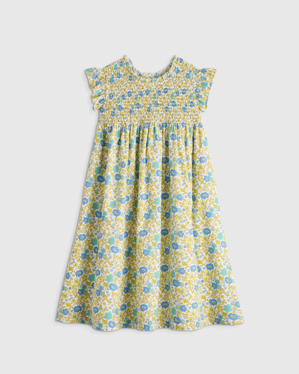 100% Organic Cotton Poplin Smocked Flutter Sleeve Dress - 6 / Blue Ditsy Floral Main image