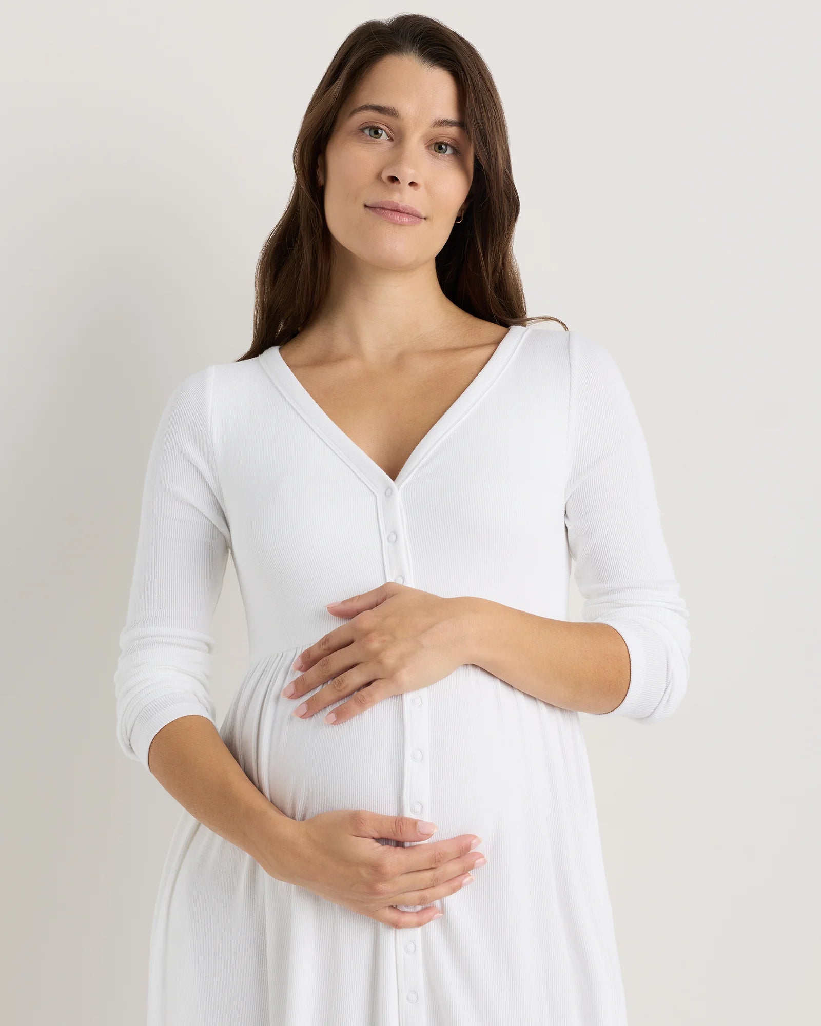 Bamboo Rib Maternity Long Sleeve Button Front Dress - XS / Classic White Secondary image