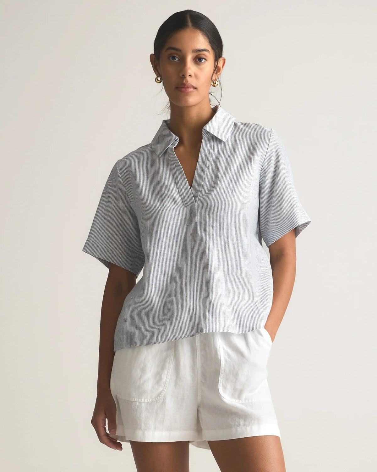 100% European Linen Short Sleeve Popover Top - XS / Blue Pinstripe Main image