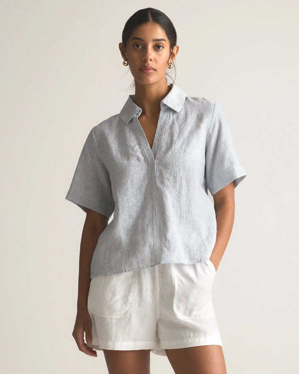 100% European Linen Short Sleeve Popover Top - XS / Blue Pinstripe