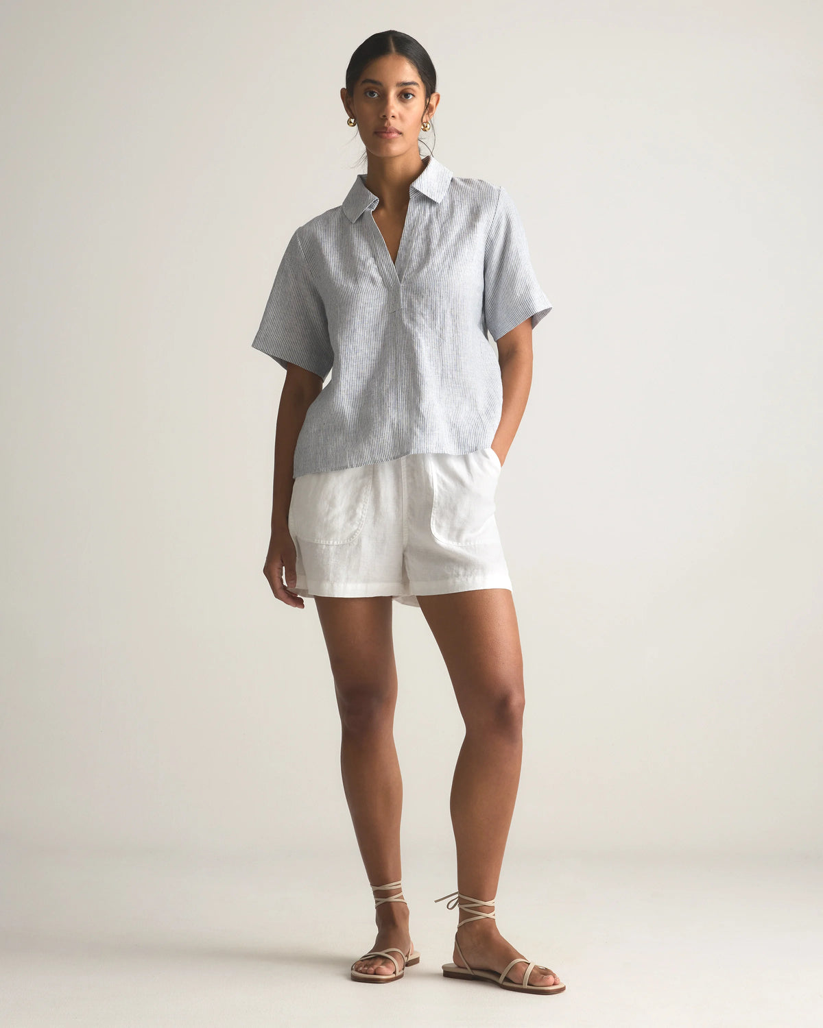 100% European Linen Short Sleeve Popover Top - XS / Blue Pinstripe Main image
