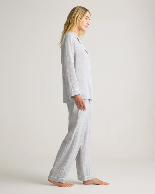 100% European Linen Long Sleeve Pajama Set with Piping - XS / Taupe Brown Gingham