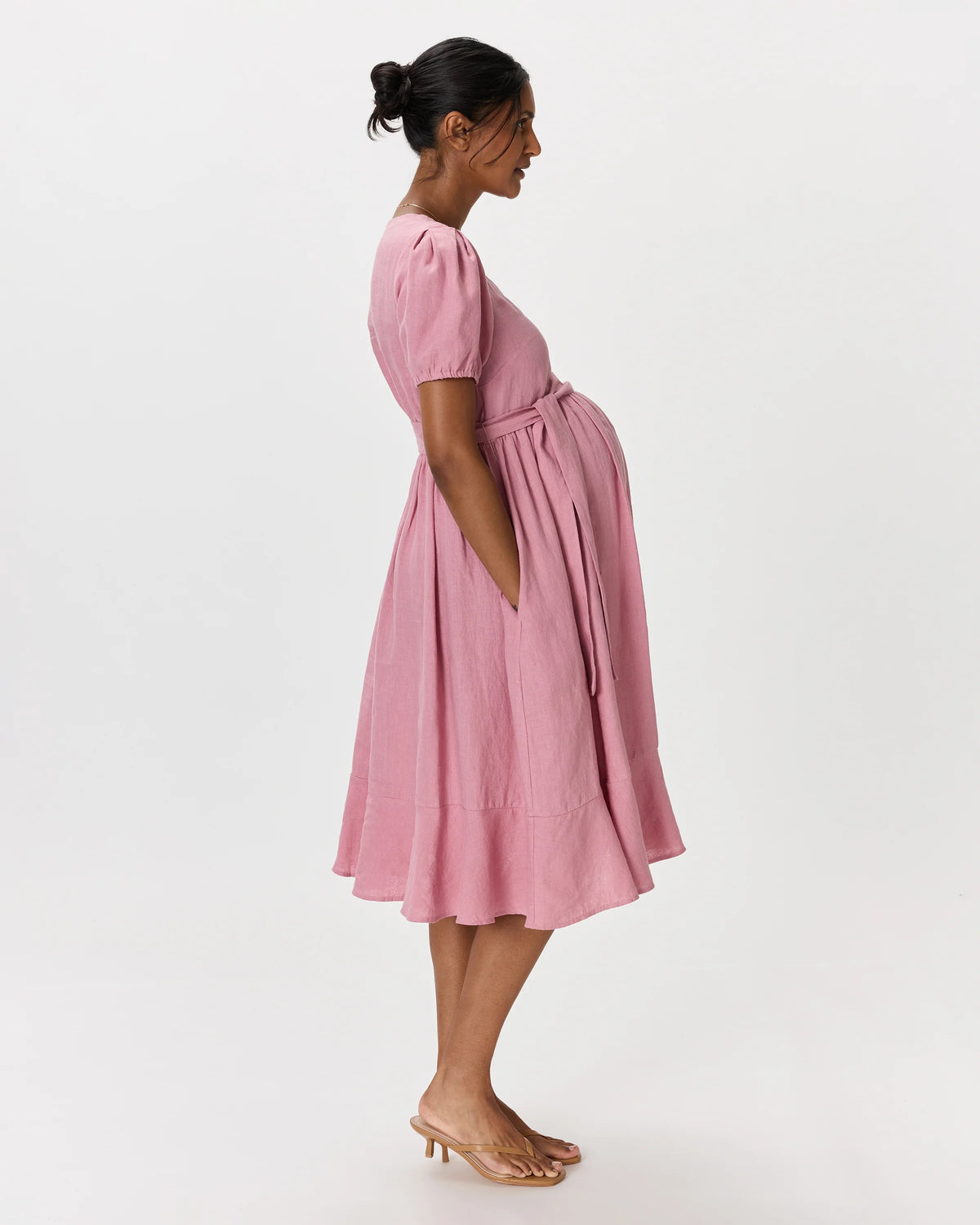 100% European Linen Maternity Short Sleeve Midi Dress - XS / Ivory Porcelain Blue Petite Floral