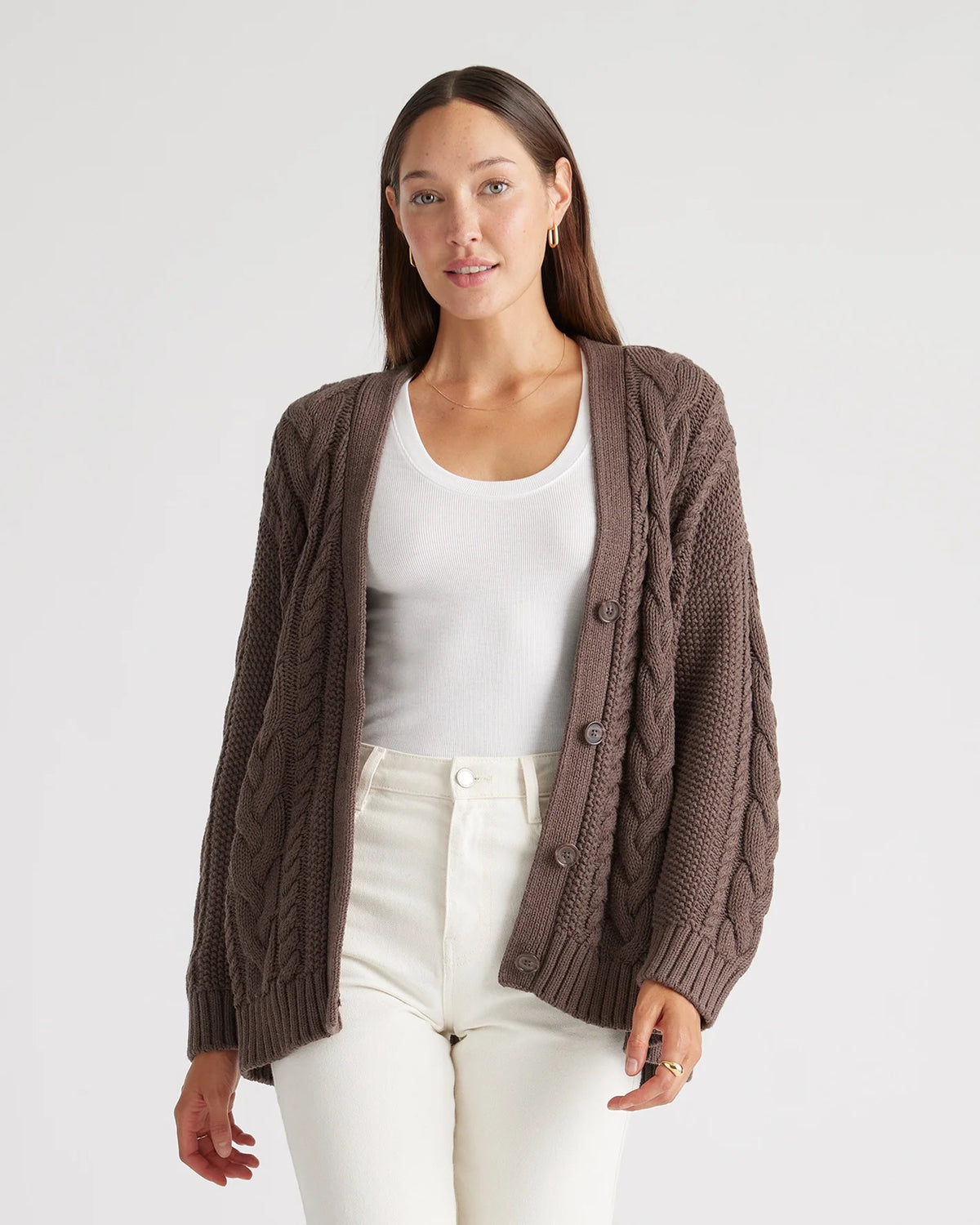 100% Organic Cotton Oversized Cable Cardigan - XS / Heather Brown Main image