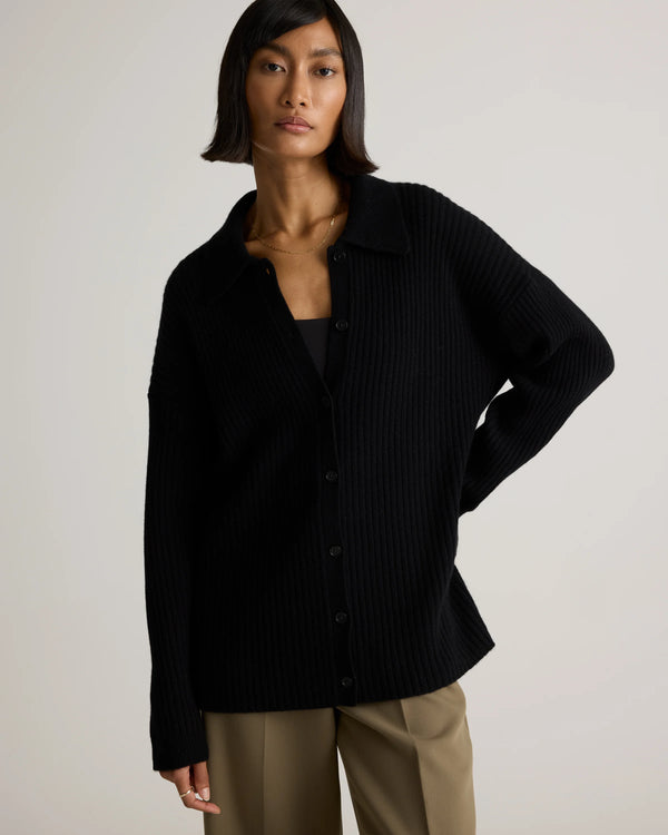 Mongolian Cashmere Wide-Rib Oversized Collared Cardigan - XS / Oatmeal