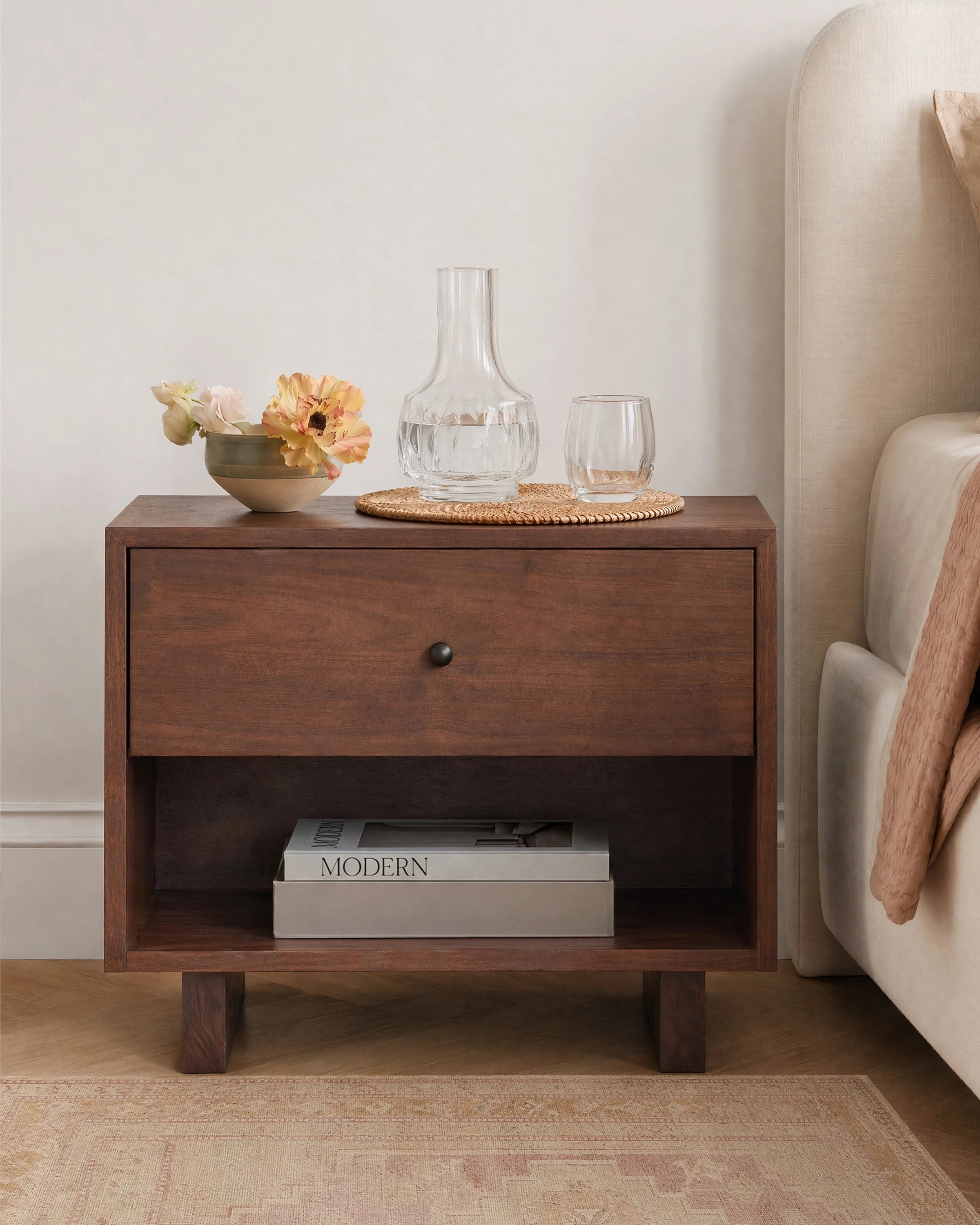 Solid Wood Platform 1-Drawer Nightstand - One Size / Walnut Brown Secondary image