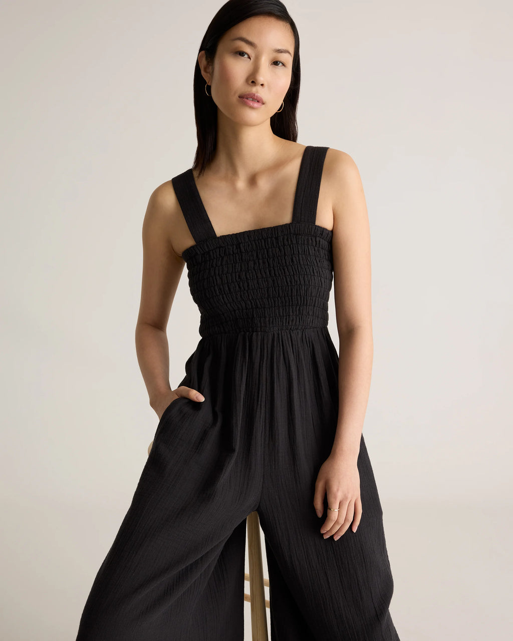 100% Organic Cotton Gauze Smocked Wide Leg Jumpsuit - XS / Wild Cherry