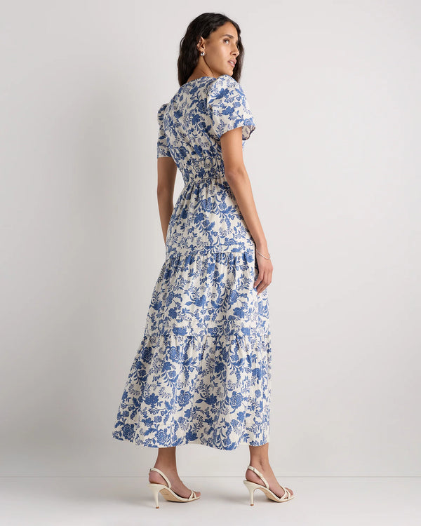 100% Organic Cotton Poplin Tiered Maxi Dress - XS / Riviera Blue Heirloom Floral