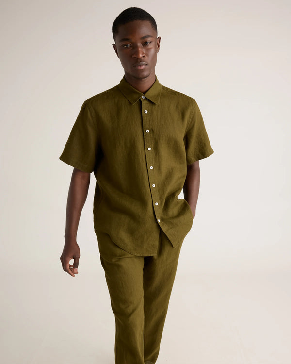 100% European Linen Relaxed Short Sleeve Shirt - XS / Taupe Brown Chambray