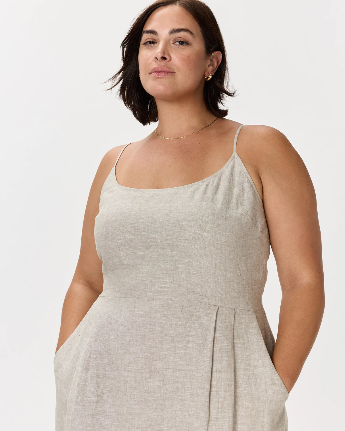 100% European Linen Scoop Neck Midi Dress - 1X / Deep Navy