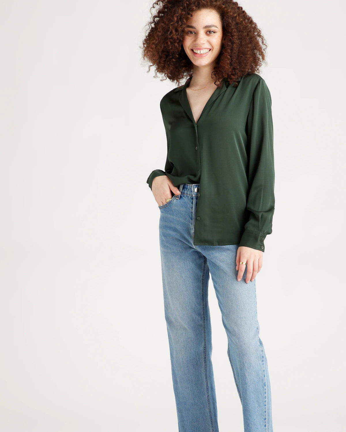 Washable Stretch Silk Notch Collar Blouse - XS / Moonstone Blue