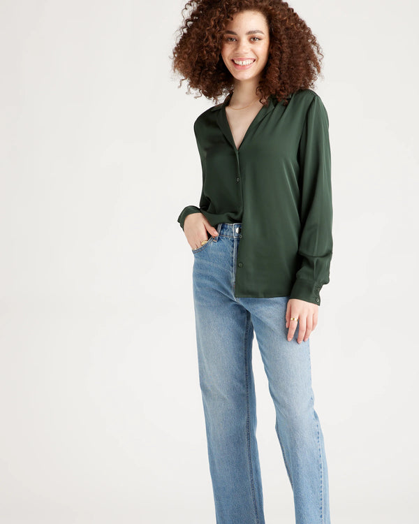 Washable Stretch Silk Notch Collar Blouse - XS / Moonstone Blue