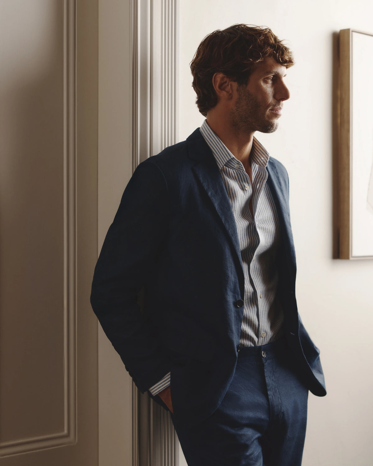 100% European Linen Wrinkle-Resistant Dress Shirt - S / Chambray Blue