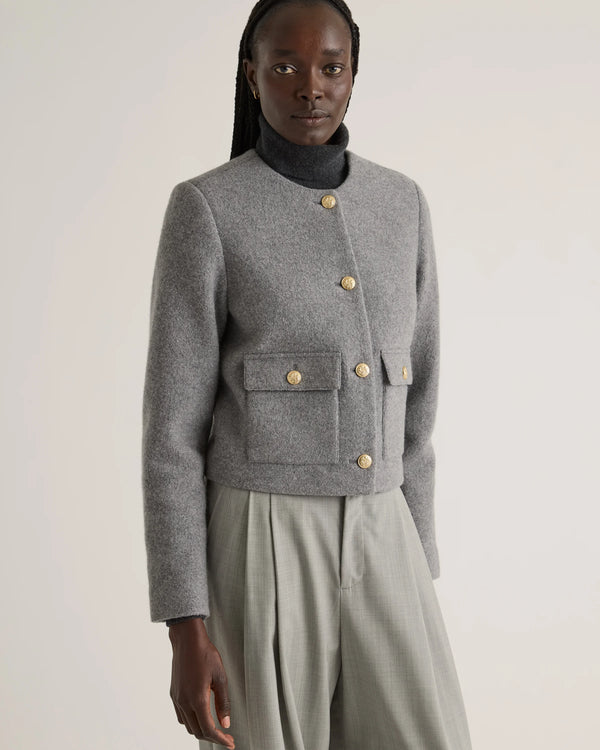 100% Merino Wool Collarless Cropped Jacket - XS / Heather Bone