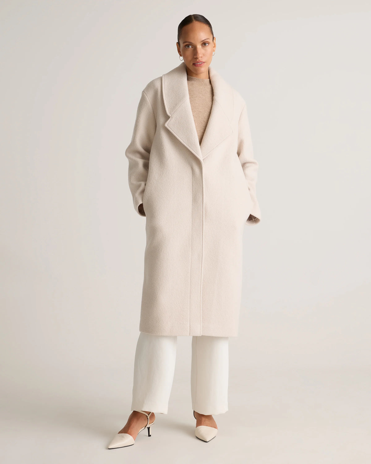 100% Merino Wool Shawl Collar Long Coat - XS / Heather Bone Main image