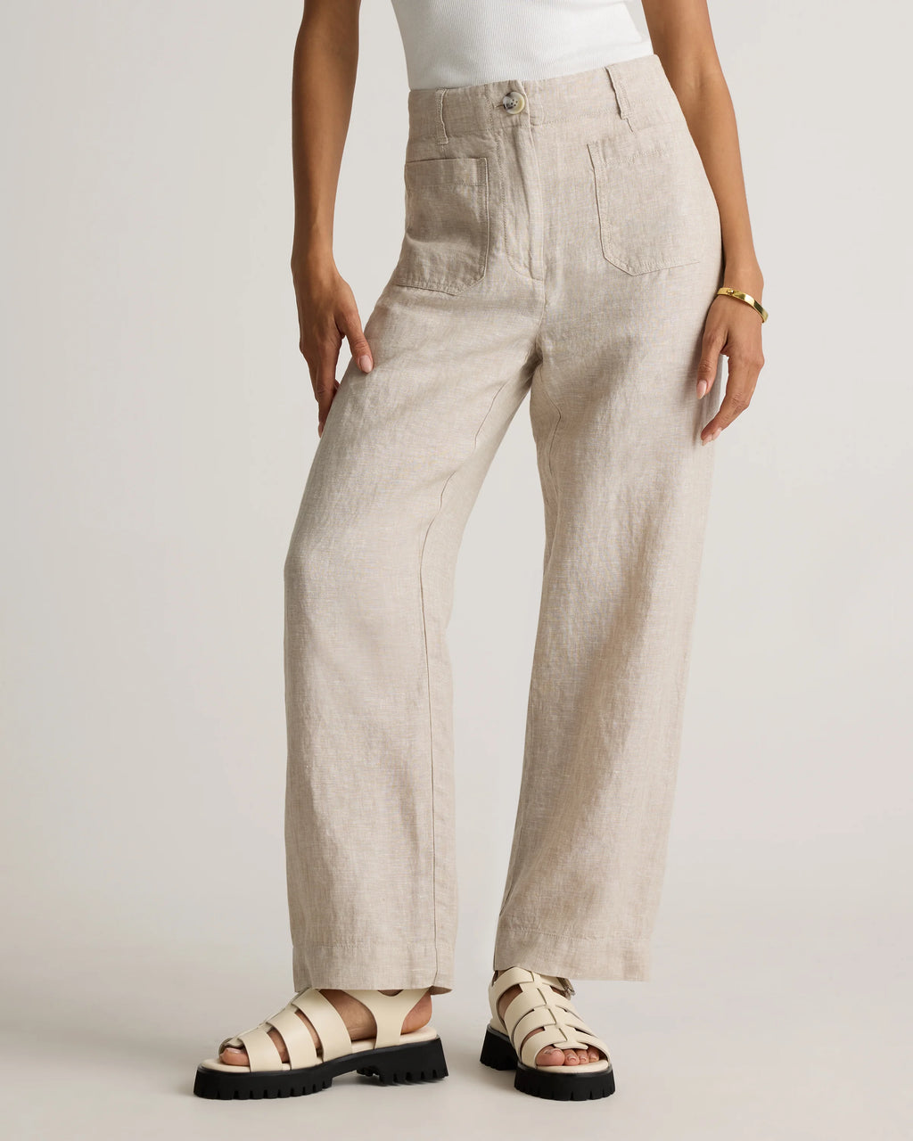 100% European Linen Patch Pocket Wide Leg Pants - 0 / Taupe Brown Chambray